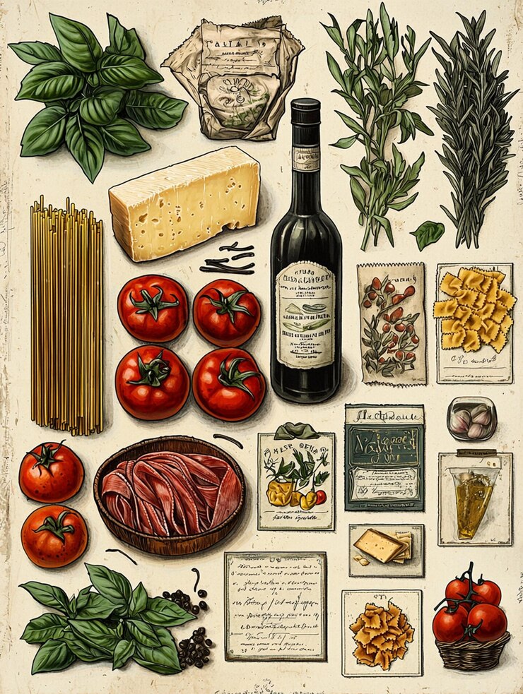 Colagem ilustrada em 2D em estilo vintage com ingredientes clássicos italianos dispostos como se em um