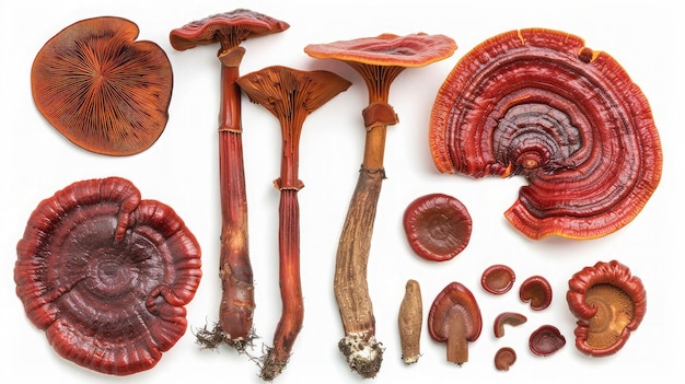 Foto colagem plana de cogumelo reishi vermelho isolado em branco