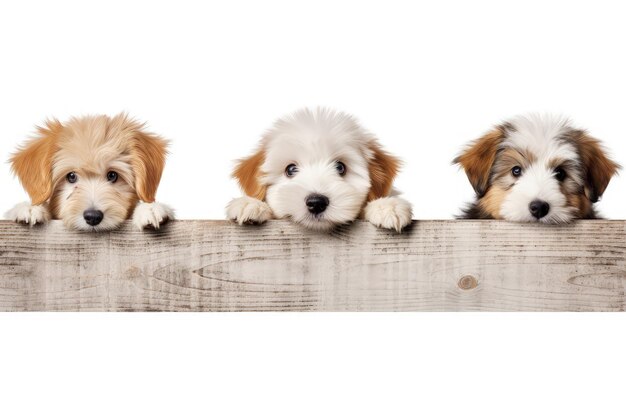 Colagem Quatro cães de raça pura olhando para fora da mesa posando isolados no branco Fofo e de cabelos curtos Concep