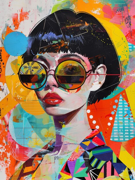 Colagem retrô de Vintage Pop Fashion Girl com óculos redondos Poster HD Print Neo Art V8 10