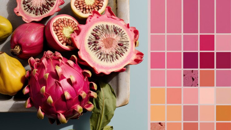 Foto colagem rosa e amarela vibrante, moda, frutas e minimalismo