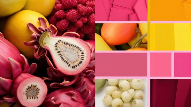 Foto colagem rosa e amarela vibrante, moda, frutas e minimalismo