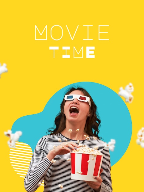 Colagem sobre a hora do filme com uma mulher segurando pipocas
