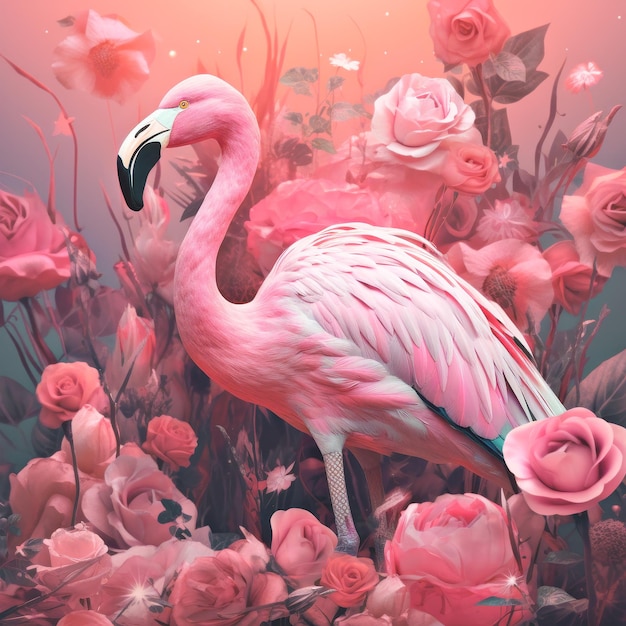 Colagem surreal de flamingos em flores Conceito de sonhador