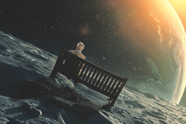 Foto colagem surrealista de uma pessoa interagindo com o sistema solar