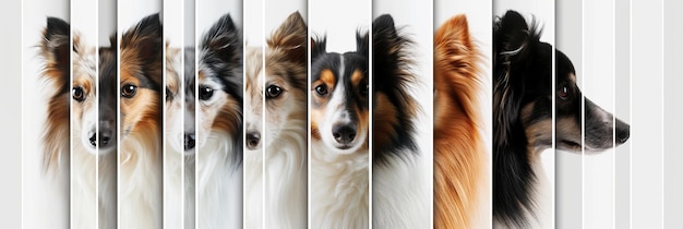 Colagem vibrante de cães dividida por linhas verticais brancas mostrando segmentos brilhantemente iluminados