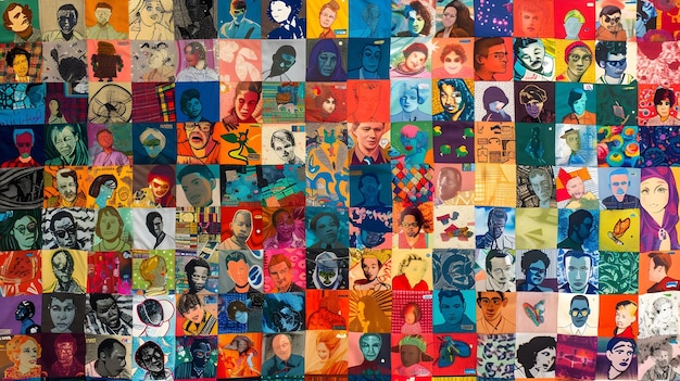Colagem vibrante de diversos retratos que mostram criatividade e expressão