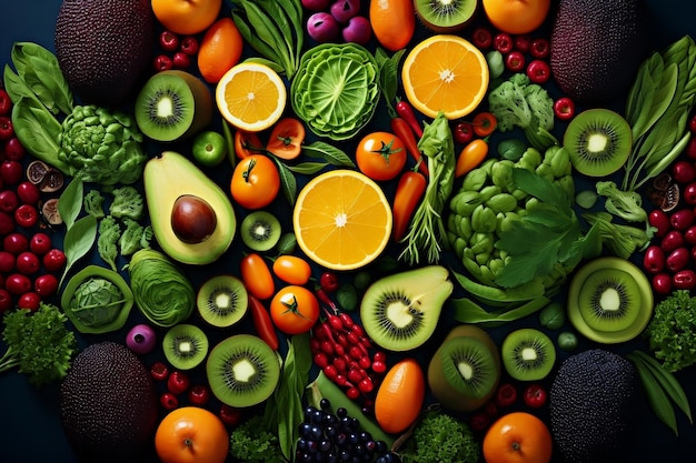 Colagem vibrante de frutas e vegetais frescos Generative Ai