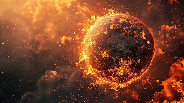 Colapso do globo terrestre queimando destruído pelo fogo