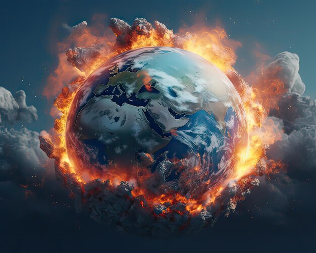 Foto colapso do globo terrestre queimando destruído por fogo ilustração conceitual do aquecimento global causado