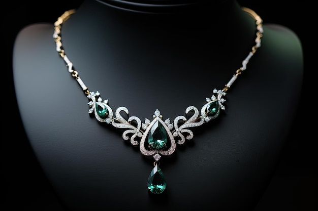 Colar de diamante com joias de pedras preciosas de esmeralda verde em fundo preto