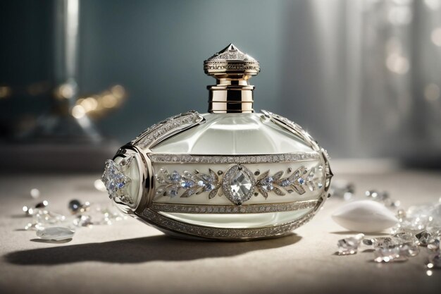 Colar de diamante em uma superfície de couro ao lado de uma garrafa de perfume vazia