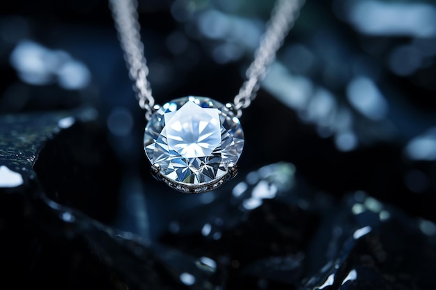 Colar de platina de joalheria de luxo com diamantes em tecido de seda escura close-up colar de ouro na loja belo colar de pendente de diamantes vitrine de jóias foco seletivo