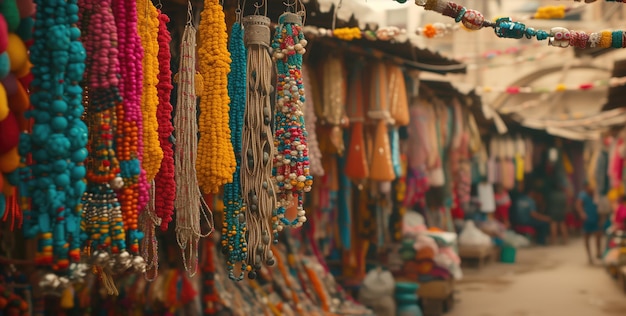 Foto colares de contas coloridas pendurados em uma barraca de mercado