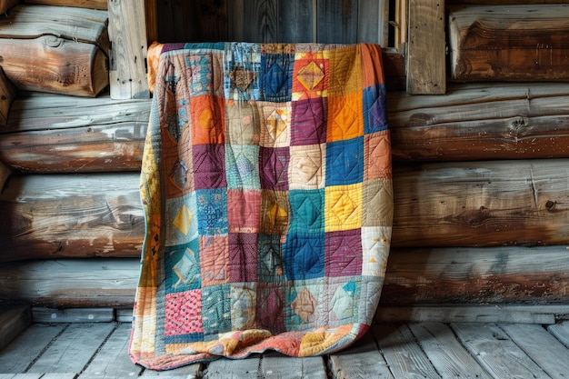 Una colcha multicolor colgando en el lado de una cabaña de madera