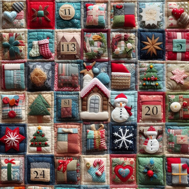 Foto una colcha con una serie de decoraciones de navidad en él
