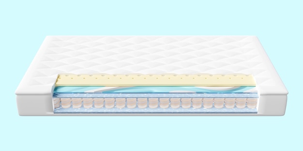 colchón de material de hoja en capas 3d con resortes de bolsillo de tela de aire espuma de memoria de látex natural aislada sobre fondo azul ruta de recorte de ilustración de renderizado 3d