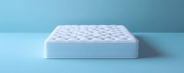 El colchón ortopédico blanco con base de resorte de pie sobre un fondo azul concepto de sueño saludable
