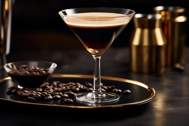 Cold Espresso Martini Copo moderno com ouro e decoração ao redor gerado por IA