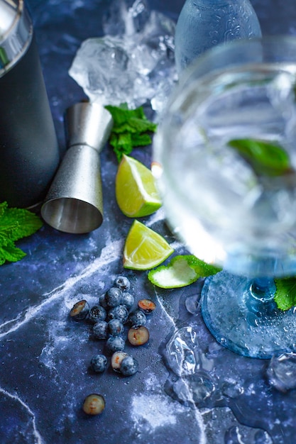 Cold Gin Tonic mit Limette und Blaubeeren