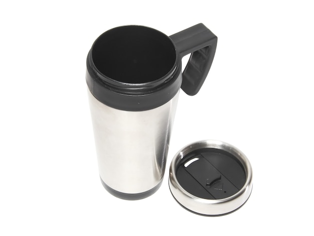 Coleção (conjunto) de caneca térmica com proteção térmica (viagem de aço) isolada no branco