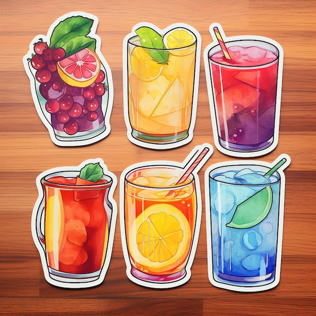 Coleção de adesivos coloridos de bebidas