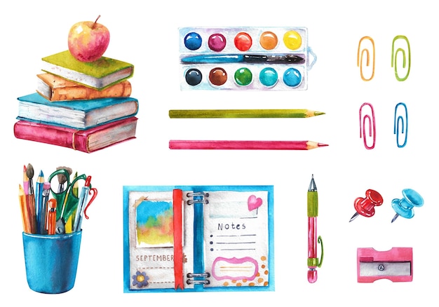 Coleção de aquarelas de papelaria escolar Ilustração afogada à mão em fundo branco