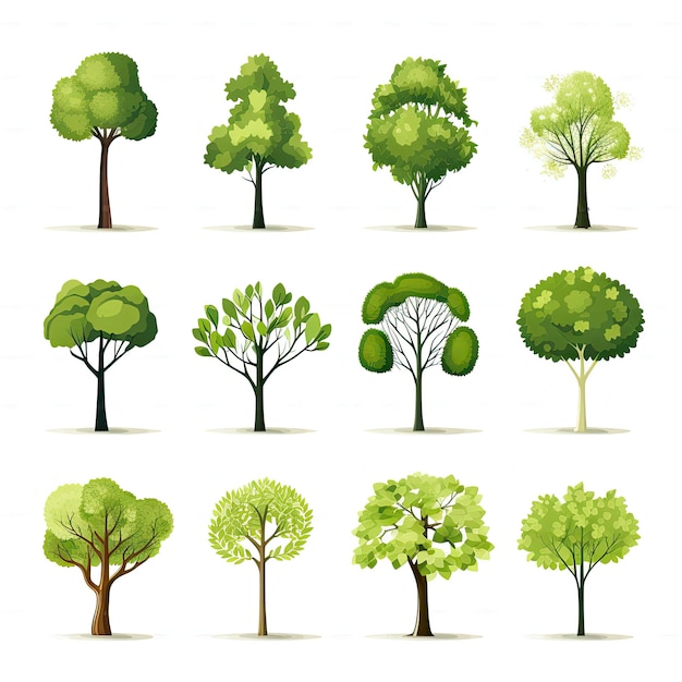 Coleção de árvores em estilo cartoon isolado em ilustração vetorial de fundo branco