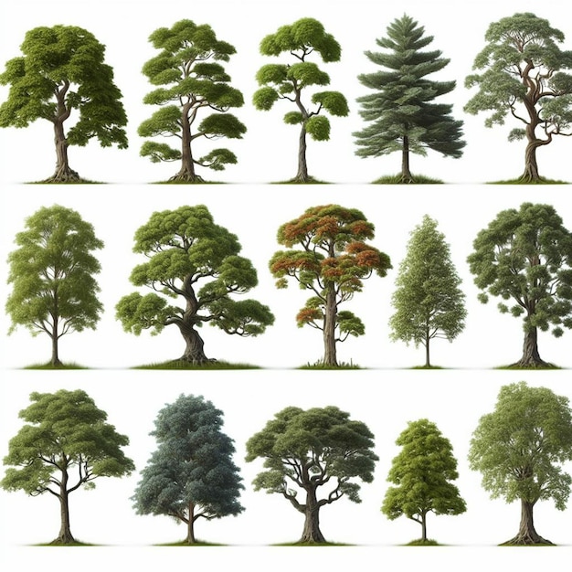 Coleção de árvores realistas isoladas em fundo branco