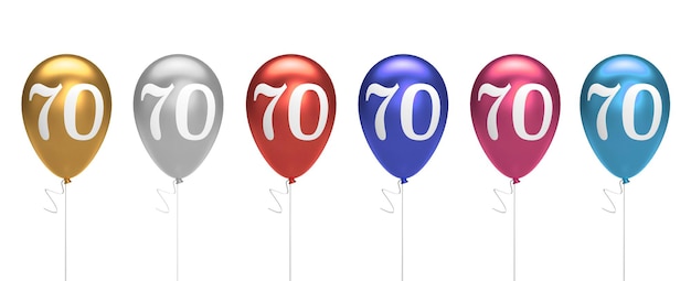 Coleção de balões de aniversário número 70 ouro prata vermelho azul rosa renderização em 3D
