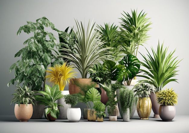 Coleção de belas plantas em vasos de cerâmica