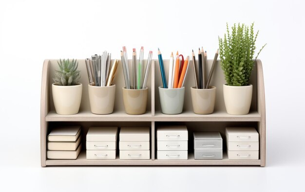 Coleção de belos organizadores de mesa isolados em fundo branco