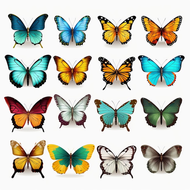 Coleção de borboletas coloridas Renderizações 3D fotorrealistas em fundo transparente