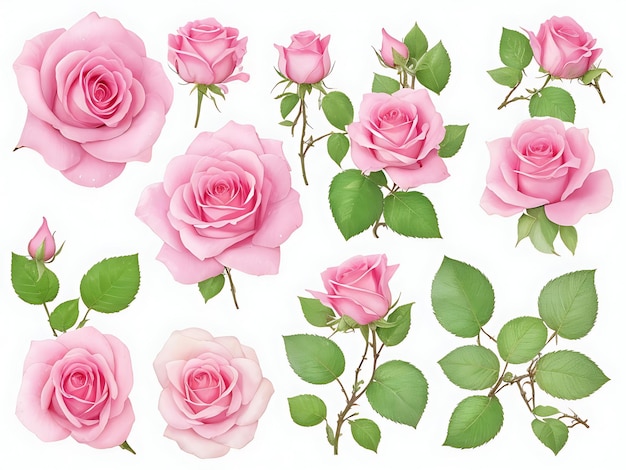 coleção de botões de flores de lindas rosas cor de rosa e folhas isoladas sobre fundo AI gerado