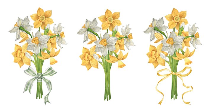 Foto coleção de buquês de aquarela com narcisos ilustração de aquarela buquês de primavera de casamento