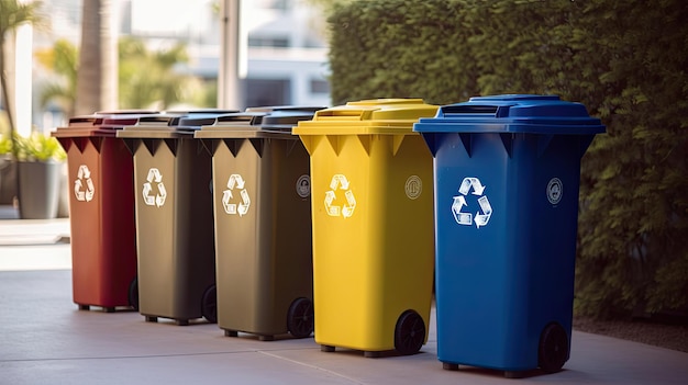 Coleção de caixas de reciclagem amarelas, verdes, azuis e vermelhas com símbolo de reciclar em público Generative Ai