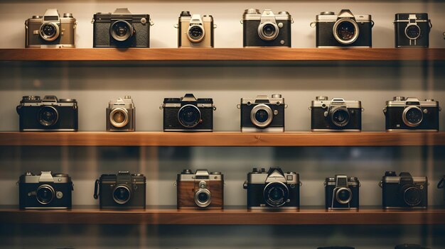 Foto coleção de câmeras vintage exibida em uma prateleira