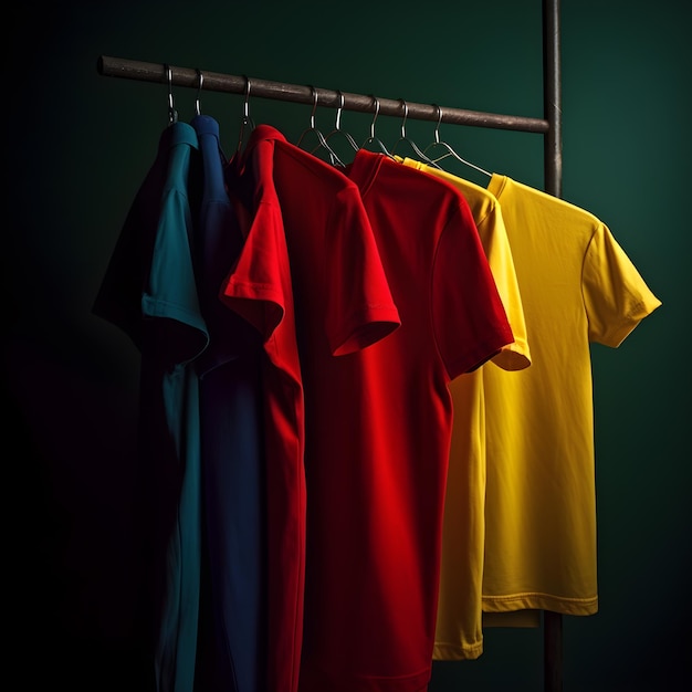 Coleção de camisetas de algodão penduradas em cabides exibição de produtos de camisetas de algodão generativas ai
