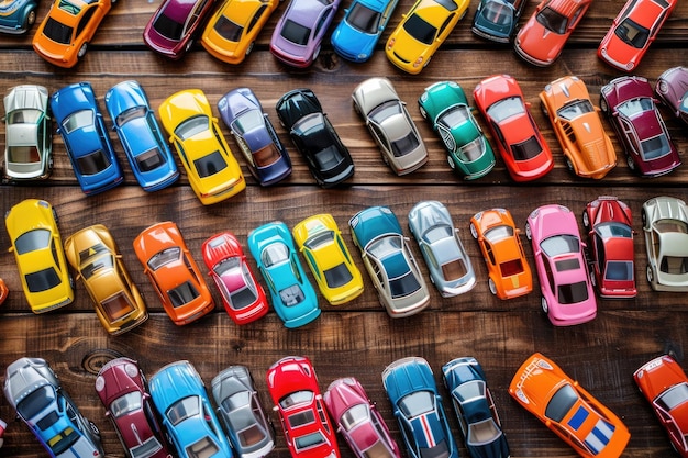 Coleção de carros de brinquedo coloridos em fundo de madeira em Ivanovo