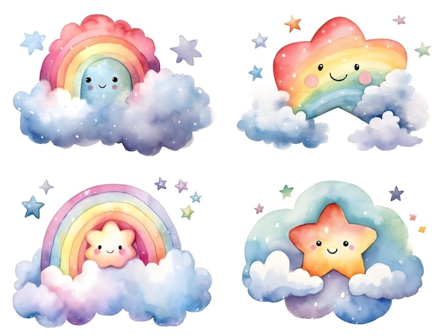 Coleção de clipart de arco-íris fofo com estrelas de aquarela estilo desenho animado e conjunto de nuvens