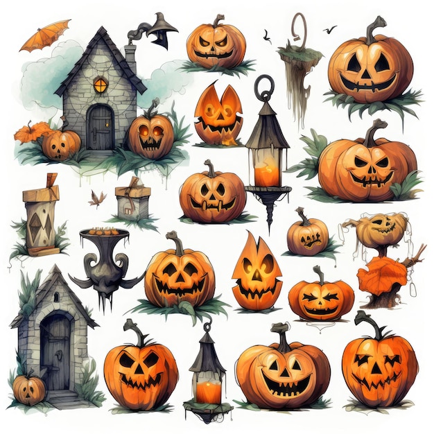 Coleção de clipart pintado à mão mágica de Halloween