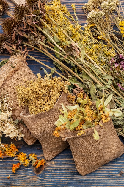 Foto coleção de colheita de ervas e buquês de ervas selvagens. medicina alternativa. farmácia natural, conceito de autocuidado