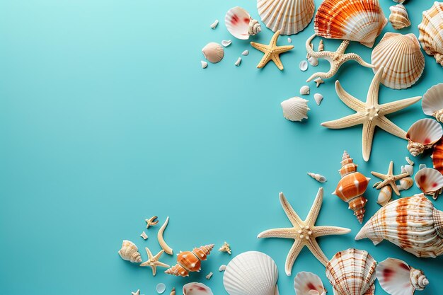 coleção de conchas marinhas estrelas de mar em fundo azul vista superior com espaço de cópia quadro de colocação plana de verão