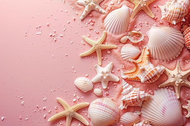 coleção de conchas marinhas estrelas de mar pastel fundo rosa vista superior espaço de cópia verão quadro plano