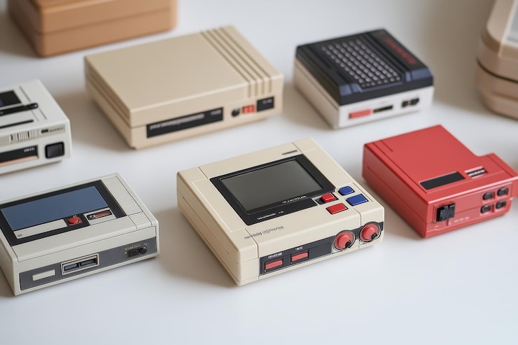 Foto coleção de consoles de jogos retrô em superfície branca
