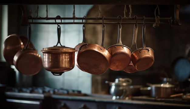 Coleção de cozinha rústica concha colher espátula panela e tigela gerada por IA