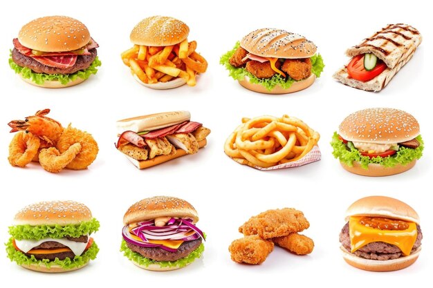 Coleção de deliciosos itens de fast food em fundo branco