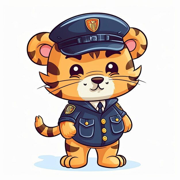 Coleção de desenhos animados de policial de tigre Filhote de tigre bonito usando vestidos de polícia Design de desenho animado de polícia de tigre bonito em fundos brancos Conjunto de ilustração de tigre bebê gerado por IA