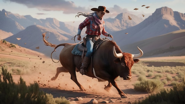 Coleção de diamantes cowboy montando um touro natureza e animais conceito d ilustração