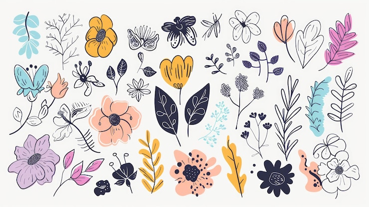 Foto coleção de elementos florais desenhados à mão com folhas e flores